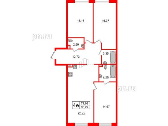 Апартаменты в ЖК ZOOM на Неве, 3 комнатные, 95.27 м², 3 этаж