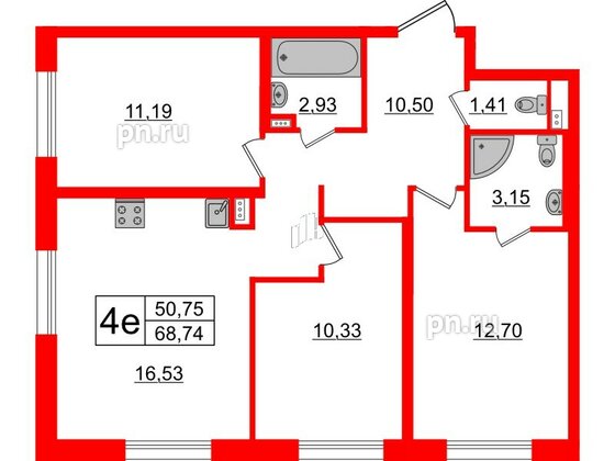 Апартаменты в ЖК ZOOM на Неве, 3 комнатные, 68.74 м², 3 этаж