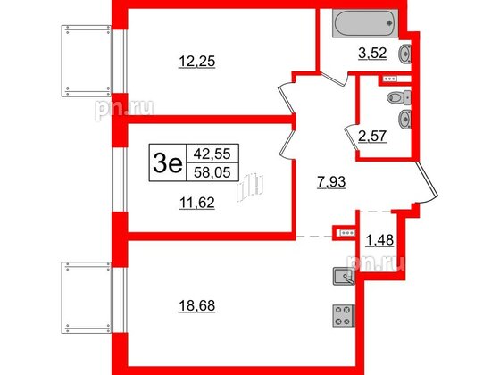 Апартаменты в ЖК ZOOM на Неве, 2 комнатные, 58.05 м², 2 этаж