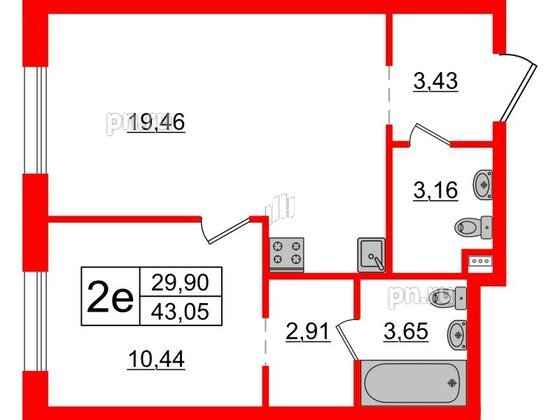 Апартаменты в ЖК ZOOM на Неве, 1 комнатные, 43.05 м², 3 этаж