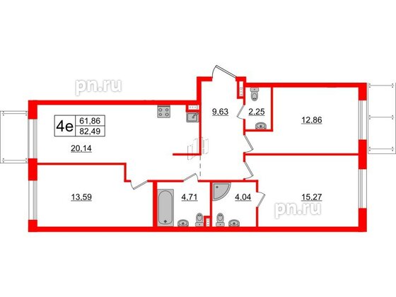 Апартаменты в ЖК ZOOM на Неве, 3 комнатные, 82.49 м², 2 этаж