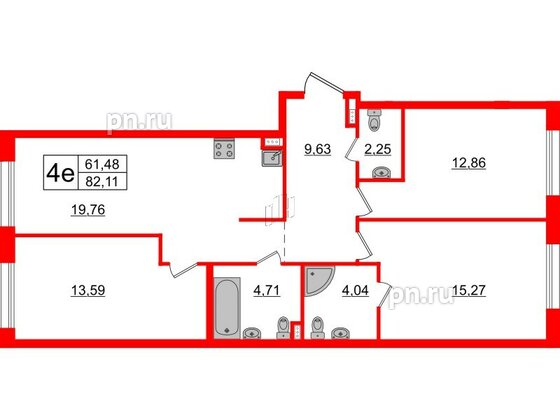 Апартаменты в ЖК ZOOM на Неве, 3 комнатные, 82.11 м², 4 этаж