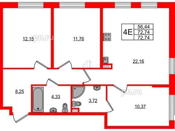 Апартаменты в ЖК ZOOM на Неве, 3 комнатные, 72.74 м², 4 этаж