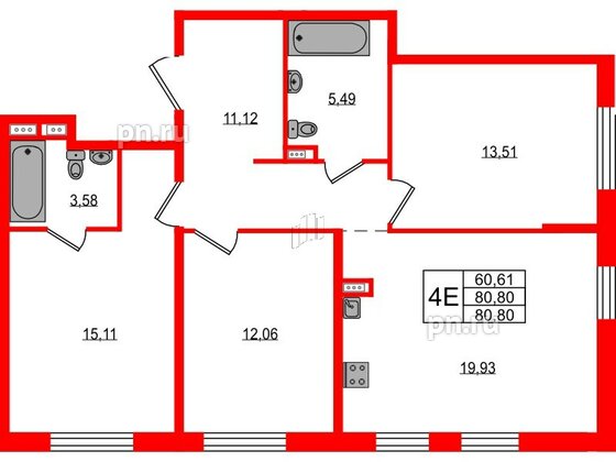 Апартаменты в ЖК ZOOM на Неве, 3 комнатные, 80.8 м², 4 этаж