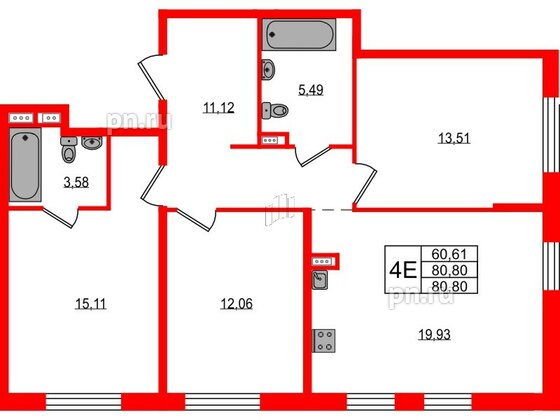 Апартаменты в ЖК ZOOM на Неве, 3 комнатные, 80.8 м², 11 этаж