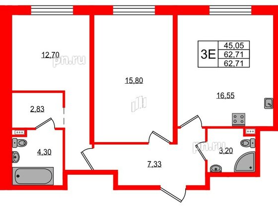 Апартаменты в ЖК «Зум на Неве», 2 комнатные, 63.07 м², 6 этаж
