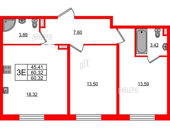 Апартаменты в ЖК ZOOM на Неве, 2 комнатные, 60.32 м², 3 этаж