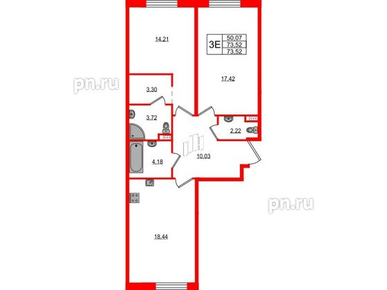 Апартаменты в ЖК ZOOM на Неве, 2 комнатные, 73.52 м², 2 этаж