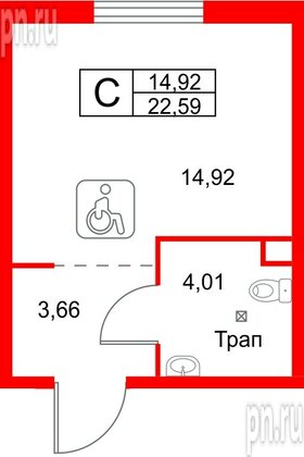 Апартаменты в ЖК «Зум на Неве», студия, 22.59 м², 2 этаж