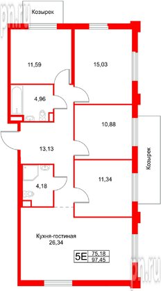 Апартаменты в ЖК «Зум на Неве», 4 комнатные, 97.45 м², 2 этаж