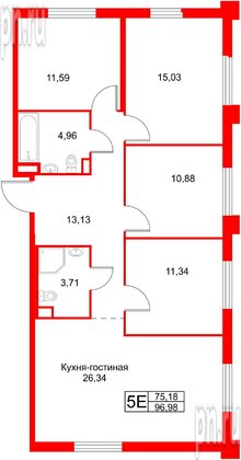 Апартаменты в ЖК «Зум на Неве», 4 комнатные, 96.98 м², 12 этаж