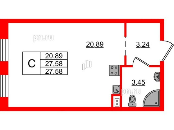 Апартаменты в ЖК ZOOM на Неве, студия, 27.58 м², 3 этаж