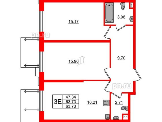 Апартаменты в ЖК ZOOM на Неве, 2 комнатные, 63.73 м², 2 этаж