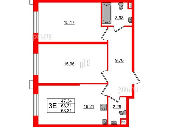 Апартаменты в ЖК ZOOM на Неве, 2 комнатные, 63.31 м², 3 этаж