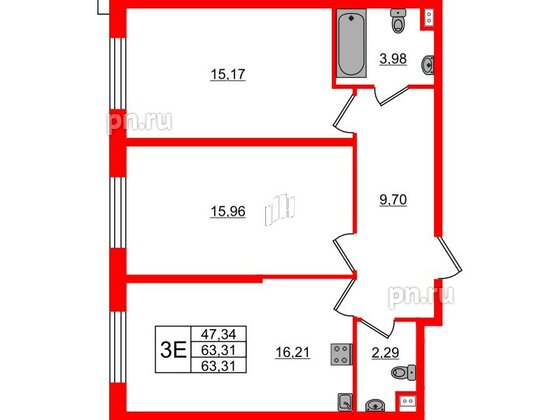 Апартаменты в ЖК ZOOM на Неве, 2 комнатные, 63.31 м², 15 этаж