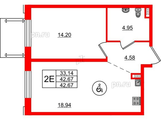 Апартаменты в ЖК ZOOM на Неве, 1 комнатные, 42.67 м², 2 этаж