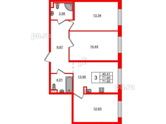 Апартаменты в ЖК ZOOM на Неве, 3 комнатные, 71.6 м², 4 этаж