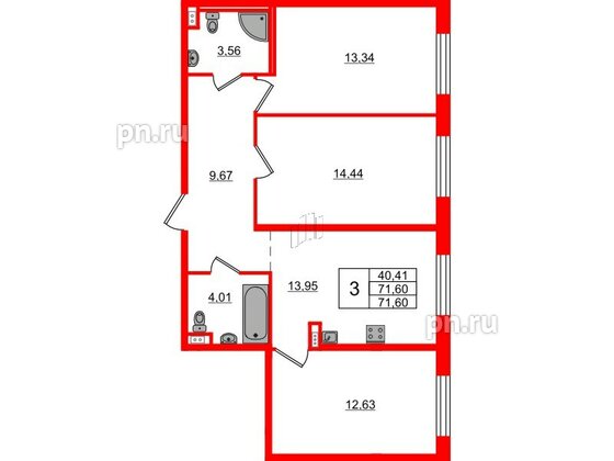 Апартаменты в ЖК ZOOM на Неве, 3 комнатные, 71.6 м², 17 этаж