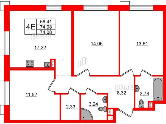 Апартаменты в ЖК «Зум на Неве», 3 комнатные, 74.08 м², 3 этаж
