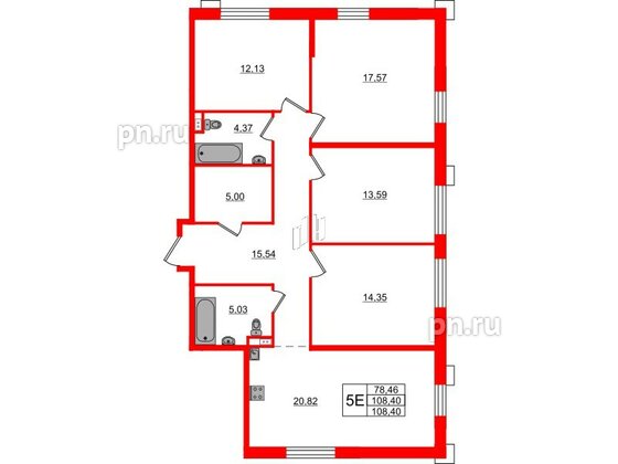 Апартаменты в ЖК «Зум на Неве», 4 комнатные, 108.4 м², 13 этаж