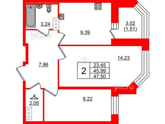 Квартира в ЖК Капральский, 2 комнатная, 47.5 м², 9 этаж