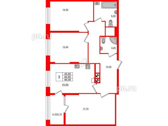 Квартира в ЖК «Альпы», 3 комнатная, 86.9 м², 13 этаж