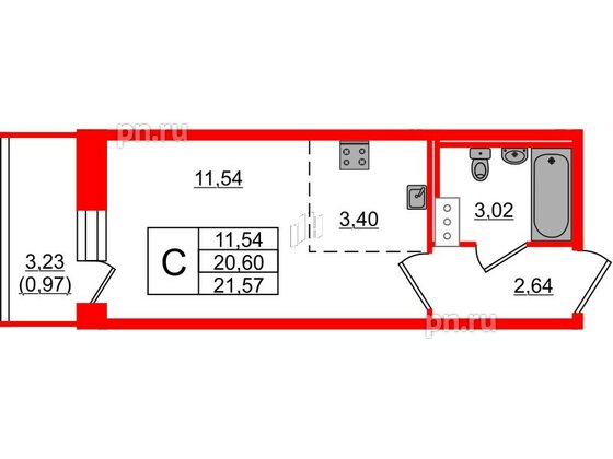 Квартира в ЖК Капральский, студия, 21.57 м², 2 этаж