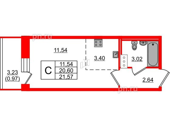 Квартира в ЖК Капральский, студия, 21.57 м², 2 этаж