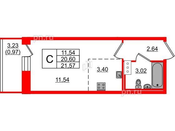 Квартира в ЖК Капральский, студия, 21.57 м², 2 этаж