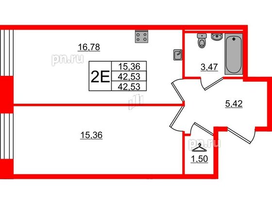 Квартира в ЖК Капральский, 1 комнатная, 42.53 м², 1 этаж