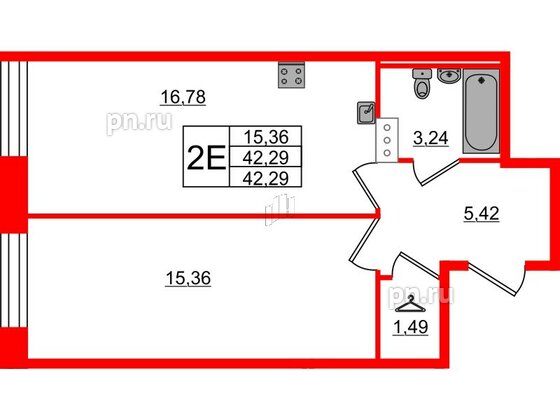 Квартира в ЖК Капральский, 1 комнатная, 42.29 м², 2 этаж