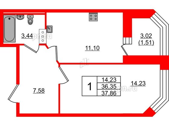 Квартира в ЖК Капральский, 1 комнатная, 37.86 м², 2 этаж