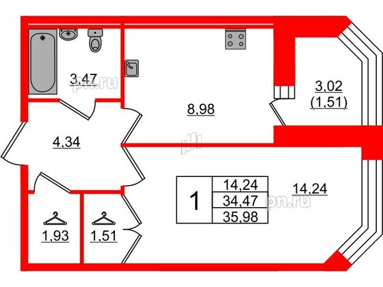 Квартира в ЖК Капральский, 1 комнатная, 35.98 м², 1 этаж