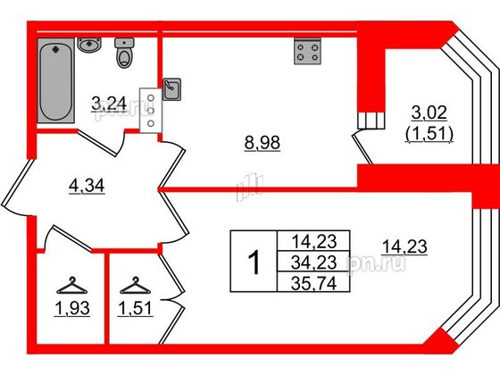 Квартира в ЖК Капральский, 1 комнатная, 35.74 м², 2 этаж