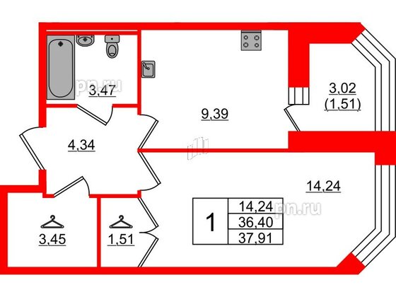 Квартира в ЖК Капральский, 1 комнатная, 37.91 м², 1 этаж