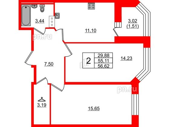 Квартира в ЖК Капральский, 2 комнатная, 56.62 м², 2 этаж