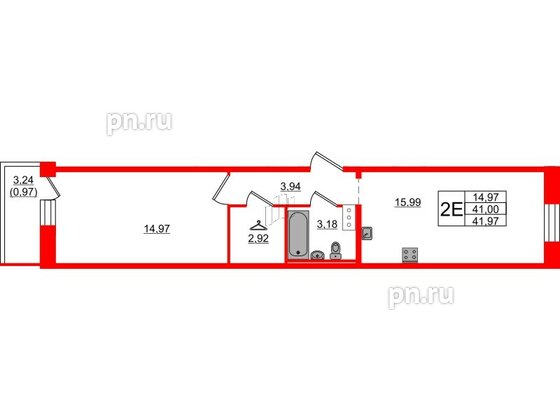 Квартира в ЖК Капральский, 1 комнатная, 41.97 м², 2 этаж