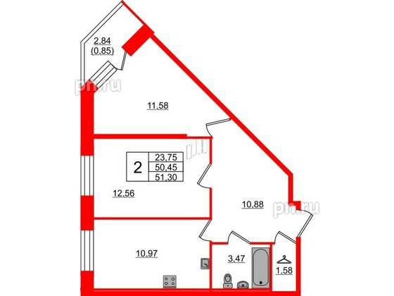 Квартира в ЖК Капральский, 2 комнатная, 51.89 м², 1 этаж