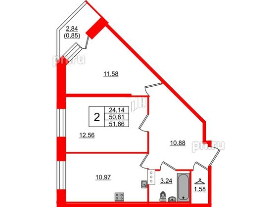 Квартира в ЖК Капральский, 2 комнатная, 51.66 м², 2 этаж