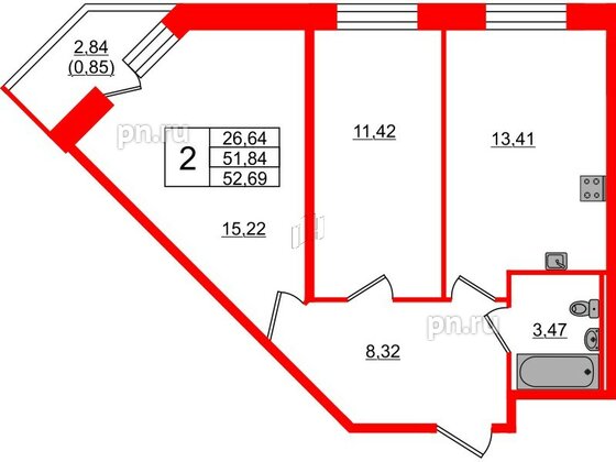 Квартира в ЖК Капральский, 2 комнатная, 52.69 м², 1 этаж