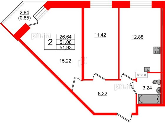 Квартира в ЖК Капральский, 2 комнатная, 51.93 м², 2 этаж