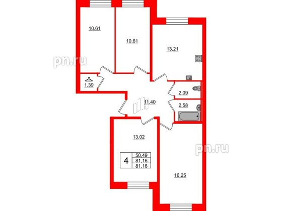 Квартира в ЖК Капральский, 4 комнатная, 81.16 м², 1 этаж