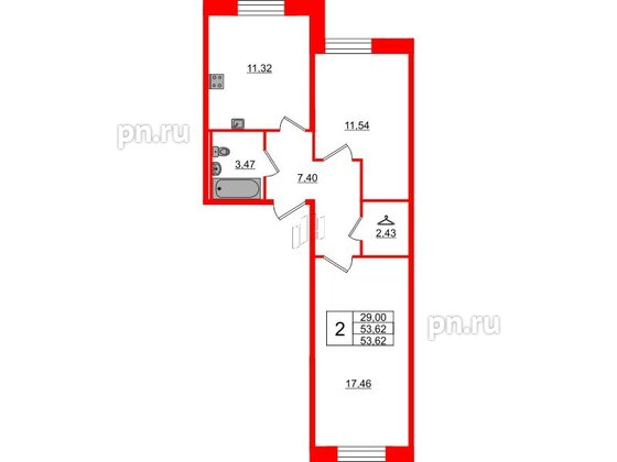 Квартира в ЖК Капральский, 2 комнатная, 53.62 м², 1 этаж