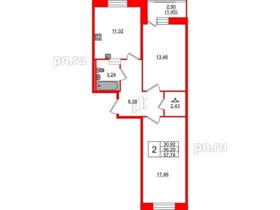 Квартира в ЖК Капральский, 2 комнатная, 57.74 м², 2 этаж