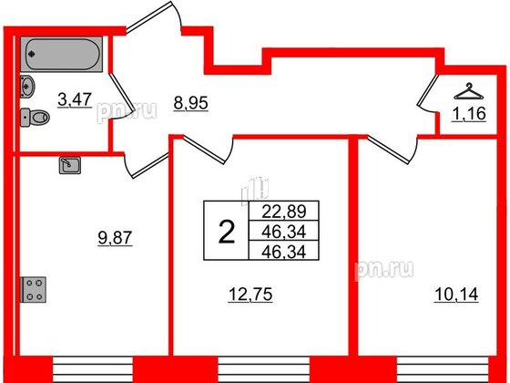 Квартира в ЖК Капральский, 2 комнатная, 46.34 м², 1 этаж