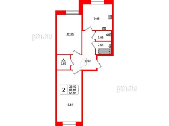 Квартира в ЖК Капральский, 2 комнатная, 55.95 м², 1 этаж