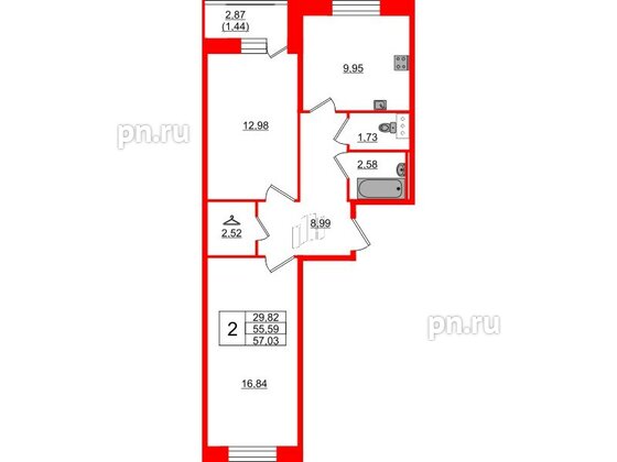 Квартира в ЖК Капральский, 2 комнатная, 57.03 м², 2 этаж