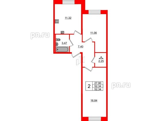 Квартира в ЖК Капральский, 2 комнатная, 52.34 м², 1 этаж