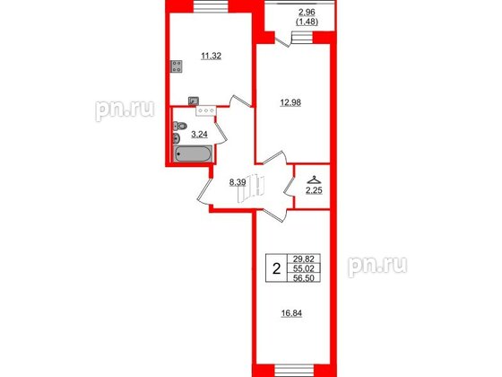 Квартира в ЖК Капральский, 2 комнатная, 56.5 м², 2 этаж