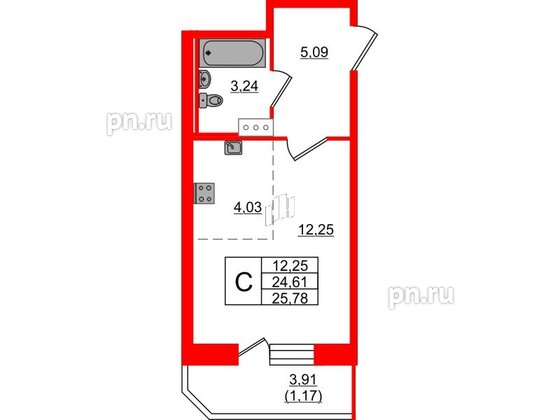 Квартира в ЖК Капральский, студия, 25.78 м², 2 этаж